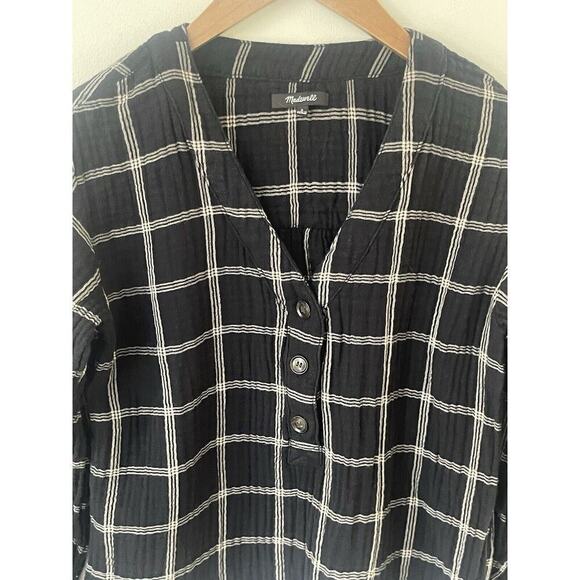 Madewell Lightspun Evert Top in Windowpane Plaid Size Small Black Double Gauze - Picture 2 of 11